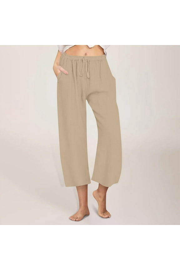 Womens Linen Cropped Pants Loose Summer Capri Cotton Wide Leg Plus Size Elastic Waist with Drawstring Trouses Khaki