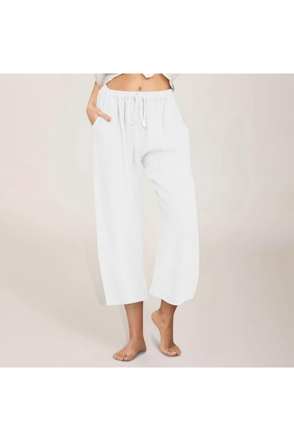 Womens Linen Cropped Pants Loose Summer Capri Cotton Wide Leg Plus Size Elastic Waist with Drawstring Trouses White