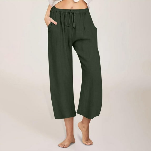 Karight Womens Linen Pants High Waisted Wide Leg Drawstring Casual Loose Trousers with Pockets Army Green
