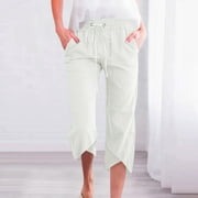 KARIGHT Womens Linen Pants Wide Leg High Waisted Drawstring Casual Loose Beach Pants with Pockets