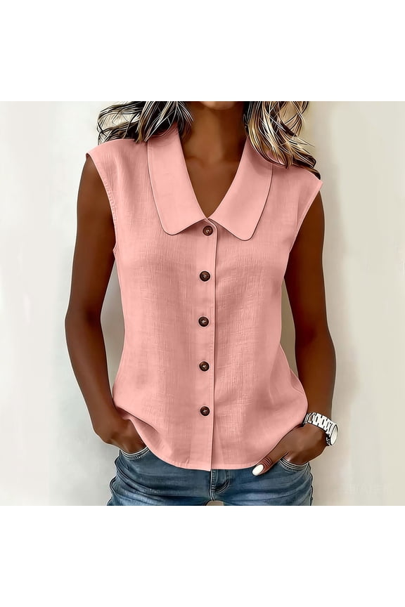 Womens Linen Sleeveless Blouse Peter Pan Collar Button Down Shirt Loose Fit Casual Summer Tops