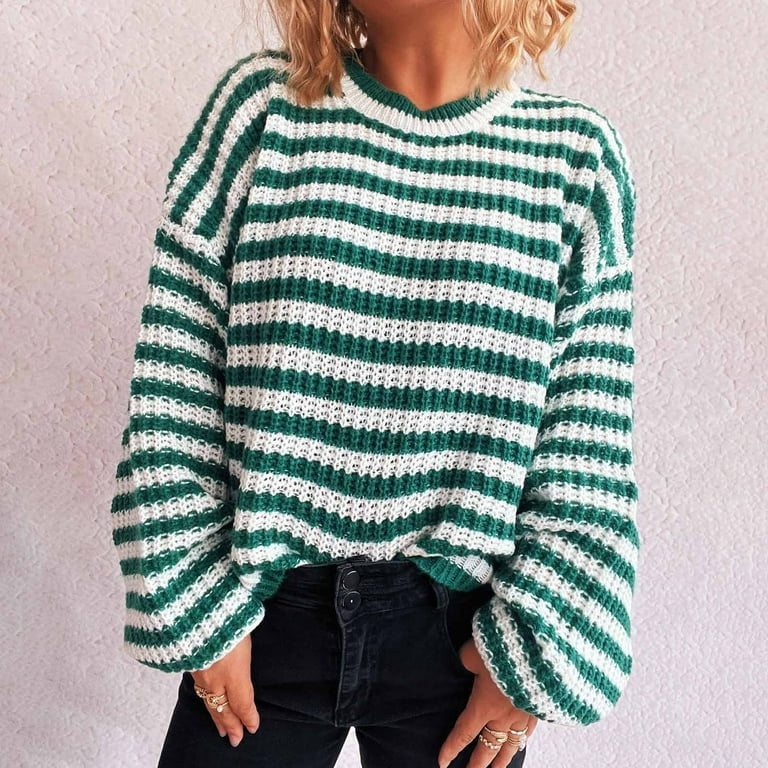 Karight Womens Long Sleeve Crew Neck Striped Sweater Casual Loose