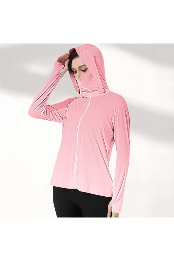 Womens Long Sleeve UPF 50+ Sun Protection Breathable Hooded Zip Up Jacket With Face Cover