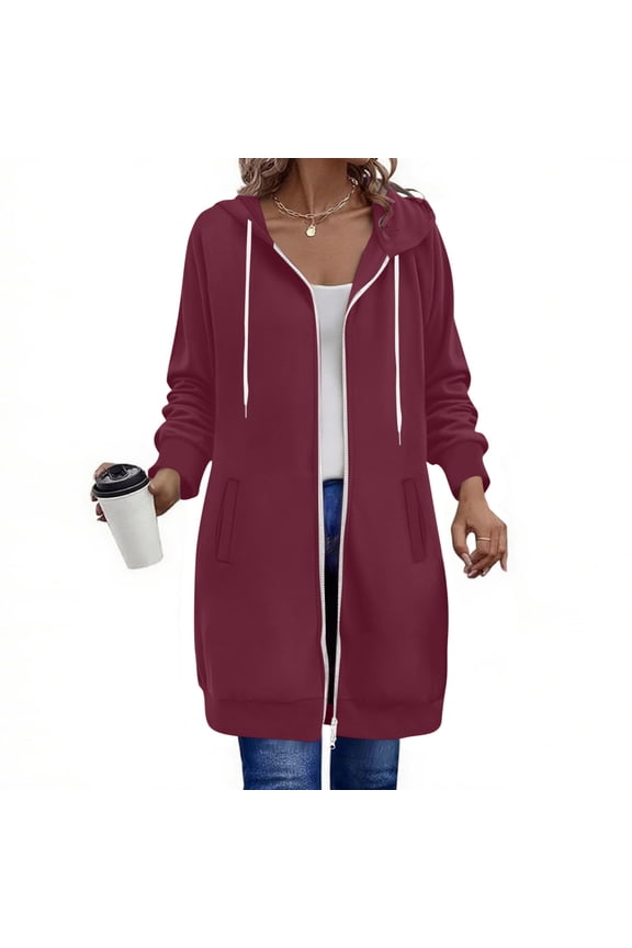 Womens Long Zip Up Oversized Drawstring Hooded Hoodie Jacket with Pockets Fall Winter Fleece Coats Sweatshirt for Women
