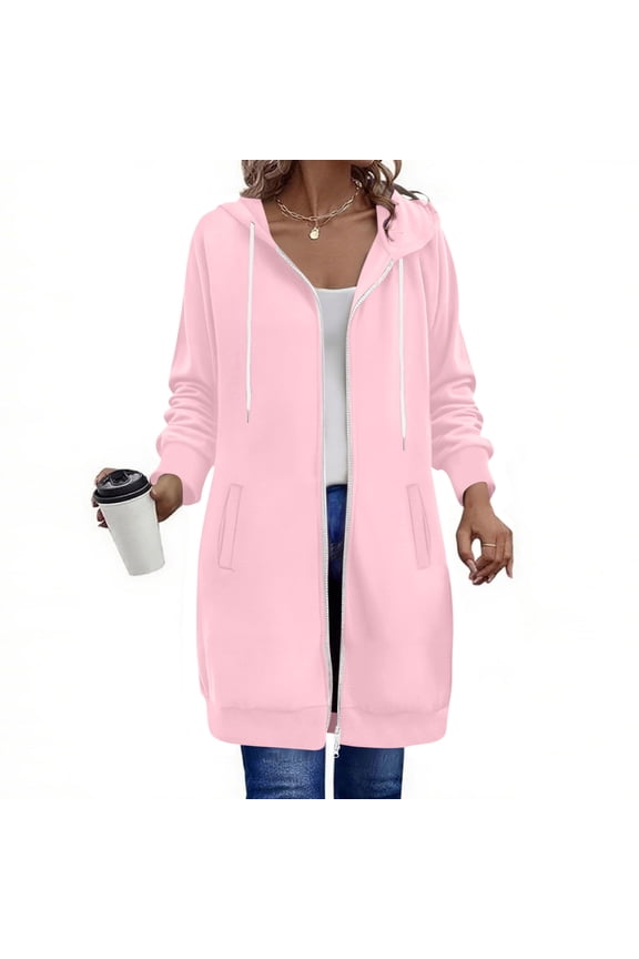 Womens Long Zip Up Oversized Drawstring Hooded Hoodie Jacket with Pockets Fall Winter Fleece Coats Sweatshirt for Women