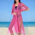 thumbnail image 1 of Karight Womens Metallic Mesh Cover Up Kimono Belted Open Front Fringe Hem Beach Swimwear Cover Up, 1 of 8
