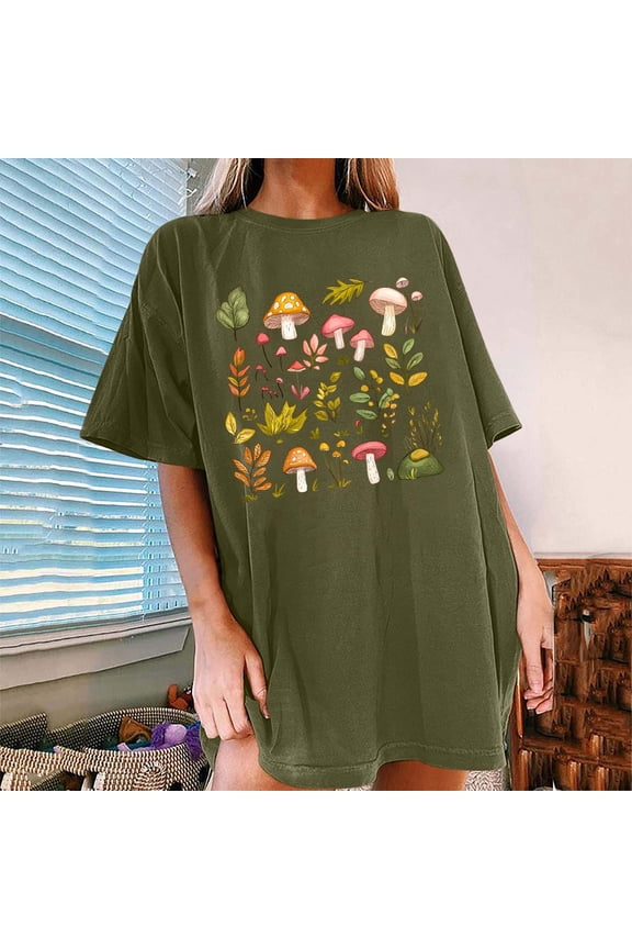 Womens Mushroom & Botanical Print Oversized T Shirt Crew Neck Short Sleeve Casual Top Cottagecore Graphic Tee