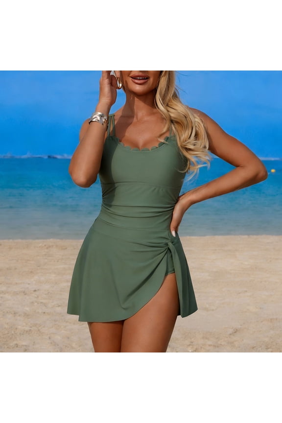 Womens One Piece Swim Dress Tummy Control Swimsuit Scallop Neckline Skirted Bathing Suit