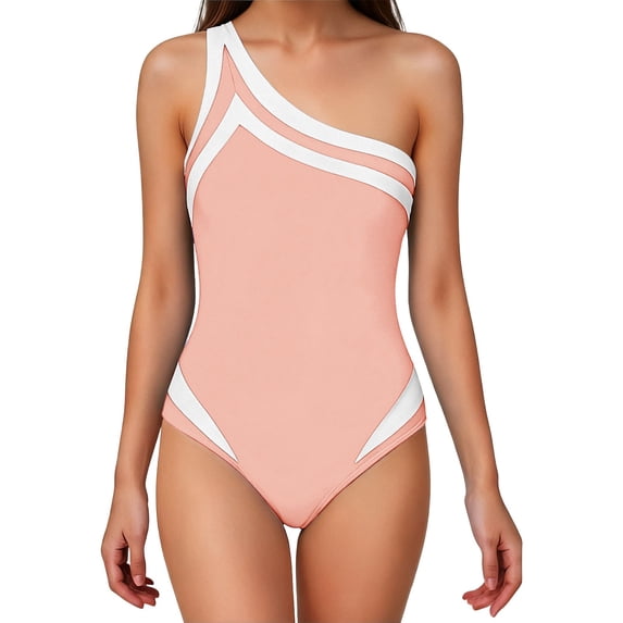 Karight Womens One Shoulder One Piece Swimsuit Color Block High Cut Bathing Suit Tummy Control Swimwear