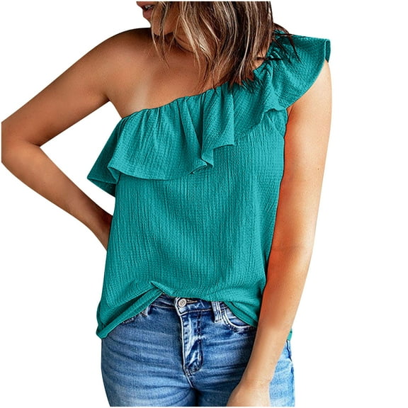Karight Womens One Shoulder Tops Ruffled Solid Tunic Shirts Sleeveless Loose Tank Top