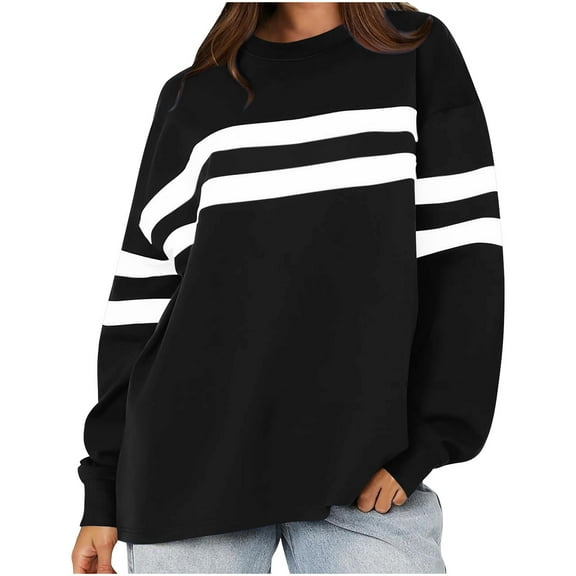 Karight Womens Oversized Crewneck Sweatshirt Striped Pullover Long Sleeve Tunic Tops to Wear with Leggings