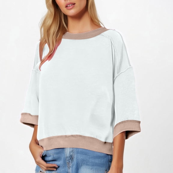 Karight Womens Oversized Short Sleeve Sweatshirt Crewneck 3/4 Sleeve Tops Summer Cute Color Block Pullover Sweatshirt