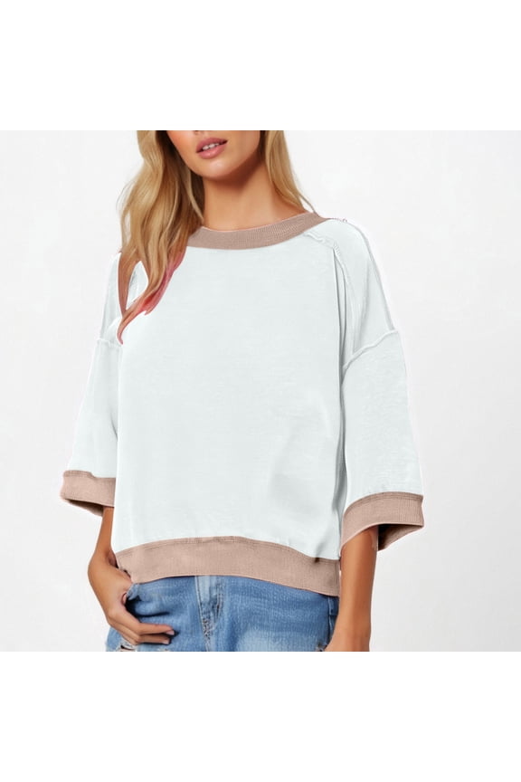 Womens Oversized Short Sleeve Sweatshirt Crewneck 3/4 Sleeve Tops Summer Cute Color Block Pullover Sweatshirt
