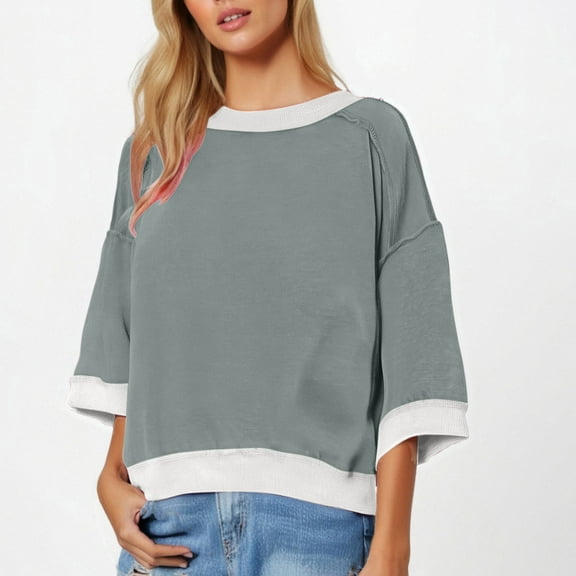Karight Womens Oversized Short Sleeve Sweatshirt Crewneck 3/4 Sleeve Tops Summer Cute Color Block Pullover Sweatshirt