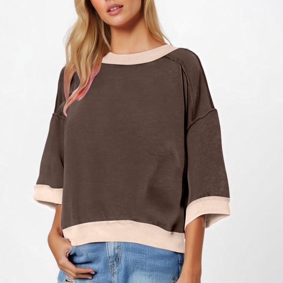 Karight Womens Oversized Short Sleeve Sweatshirt Crewneck 3/4 Sleeve Tops Summer Cute Color Block Pullover Sweatshirt