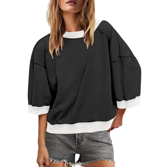 Karight Womens Oversized Short Sleeve Sweatshirt Crewneck 3/4 Sleeve Tops Summer Cute Color Block Pullover Sweatshirt