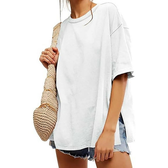 Karight Womens Oversized Tshirts Summer Casual Short Sleeve Crew Neck T Shirt Loose Fit Side Slit Tee Tops