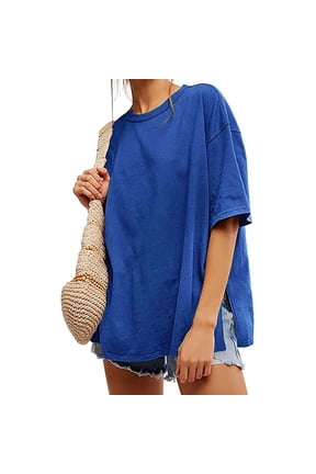 Womens Oversized Tshirts Summer Casual Short Sleeve Crew Neck T Shirt Loose Fit Side Slit Tee Tops