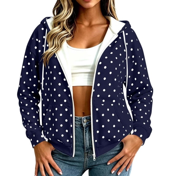 Karight Womens Oversized Zip Up Polka Dot Hoodie Sweatshirt with Pockets