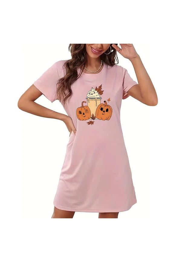Womens Pajamas Halloween Ghost Printed Short Sleeve Crewneck Nightdress Casual Loose Comfort Fashion Sleepwear