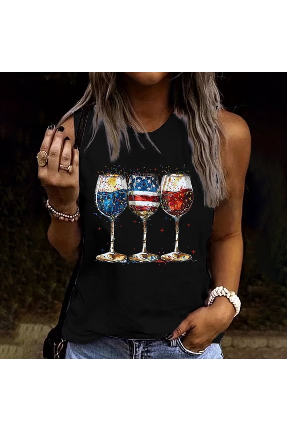 Womens Patriotic Wine Glass Print Sleeveless Tank Top, Crew Neck Curved Hem Camisole for 4th of July