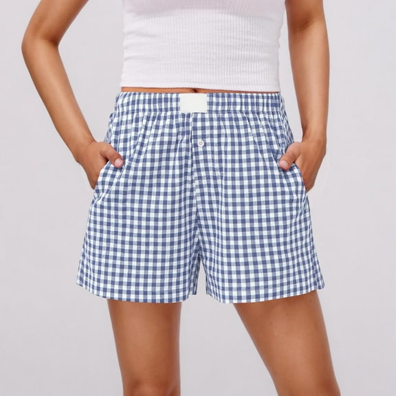 Karight Womens Plaid Shorts Casual Elastic Waist Checkered Shorts Women Trendy with Pockets