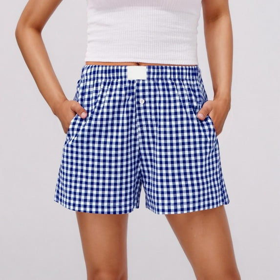 Karight Womens Plaid Shorts Casual Elastic Waist Checkered Shorts Women Trendy with Pockets