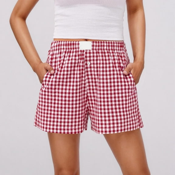 Karight Womens Plaid Shorts Casual Elastic Waist Checkered Shorts Women Trendy with Pockets