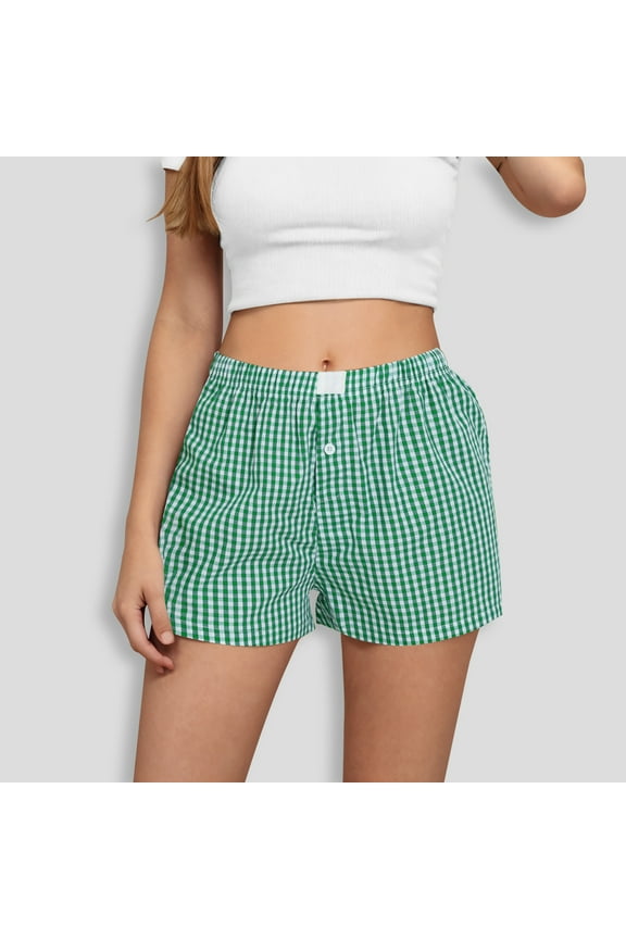 Womens Plaid Shorts Casual Elastic Waist Checkered Shorts Women Trendy with Pockets