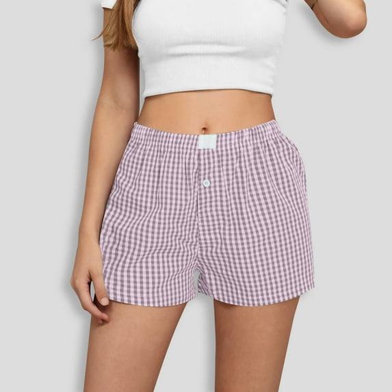 Karight Womens Plaid Shorts Casual Elastic Waist Checkered Shorts Women Trendy with Pockets