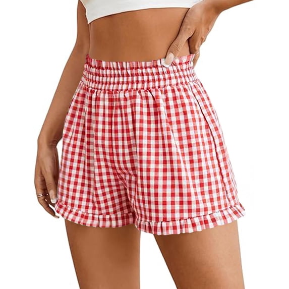 Karight Womens Plaid Shorts Casual Elastic Waist Checkered Shorts Women Trendy with Pockets