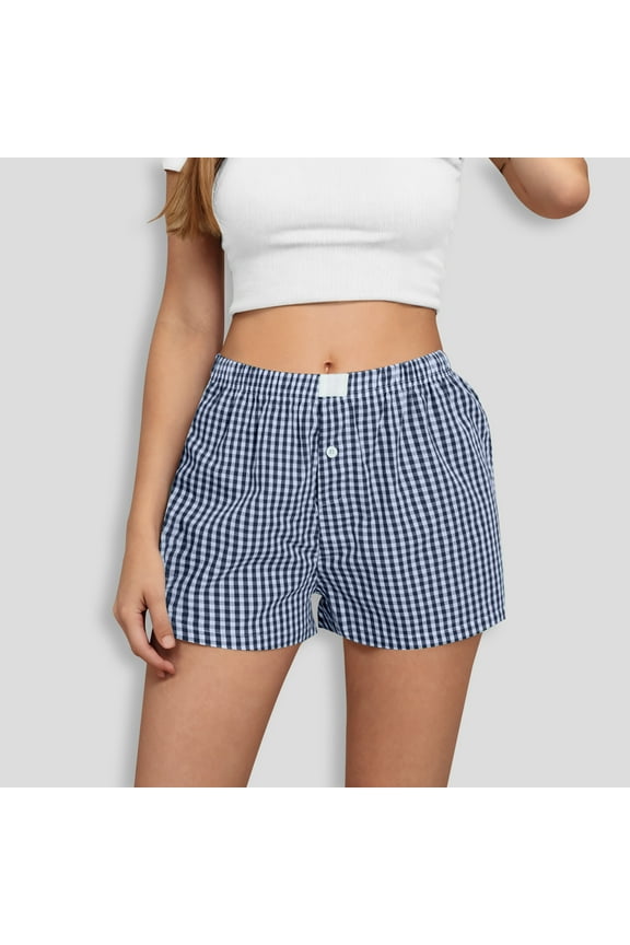 Womens Plaid Shorts Casual Elastic Waist Checkered Shorts Women Trendy with Pockets