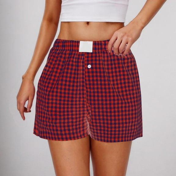 Karight Womens Plaid Shorts Casual Elastic Waist Checkered Shorts Women Trendy with Pockets