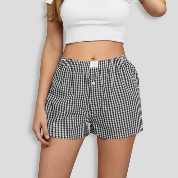 Karight Womens Plaid Shorts Casual Elastic Waist Checkered Shorts Women Trendy with Pockets
