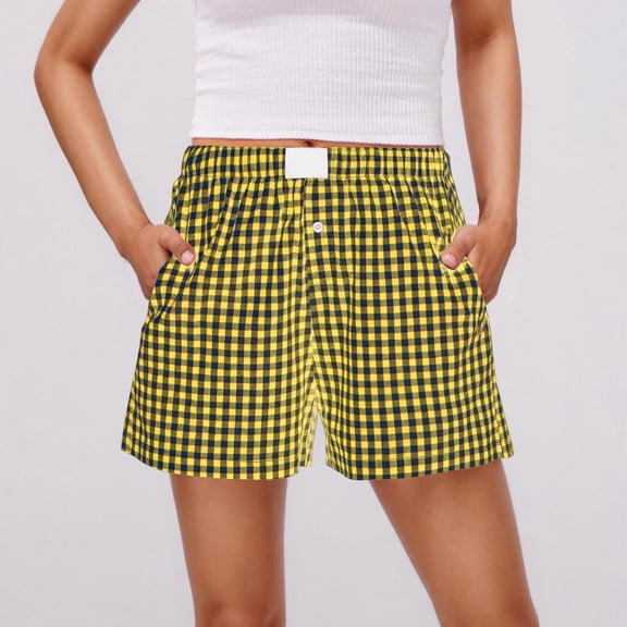 Karight Womens Plaid Shorts Casual Elastic Waist Checkered Shorts Women Trendy with Pockets