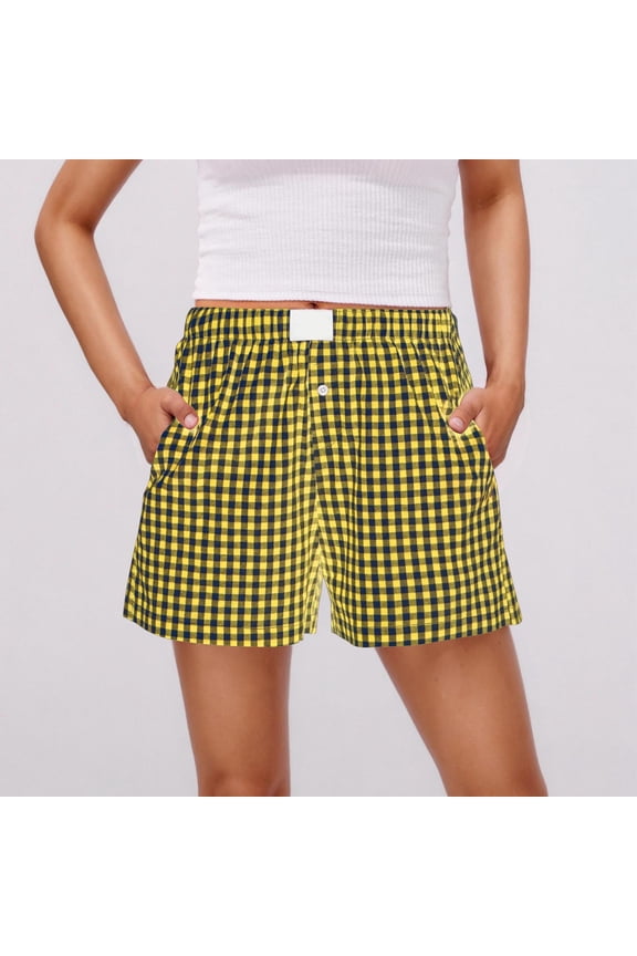 Womens Plaid Shorts Casual Elastic Waist Checkered Shorts Women Trendy with Pockets