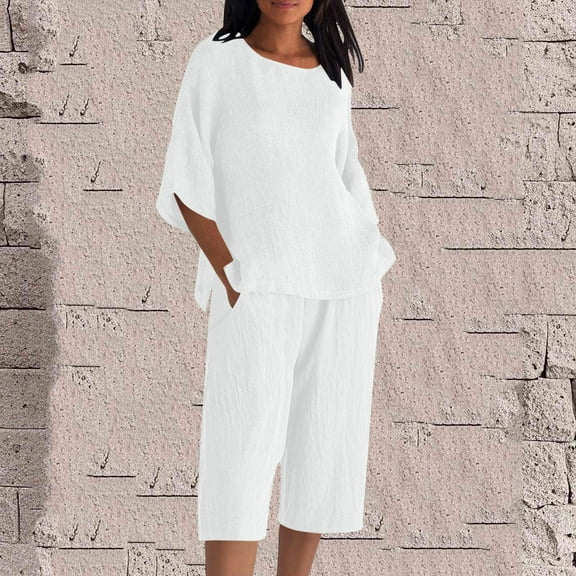 Karight Womens Plus Size Capri Sets 2 Piece Outfits Summer Cotton Linen 3/4 Sleeve Side Slit Tops Cropped Pants with Pockets