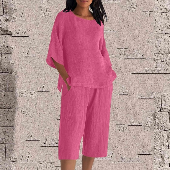 Karight Womens Plus Size Capri Sets 2 Piece Outfits Summer Cotton Linen 3/4 Sleeve Side Slit Tops Cropped Pants with Pockets