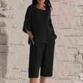 thumbnail image 1 of Karight Womens Plus Size Capri Sets 2 Piece Outfits Summer Cotton Linen 3/4 Sleeve Side Slit Tops Cropped Pants with Pockets, 1 of 5