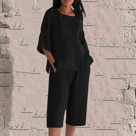 Karight Womens Plus Size Capri Sets 2 Piece Outfits Summer Cotton Linen 3/4 Sleeve Side Slit Tops Cropped Pants with Pockets