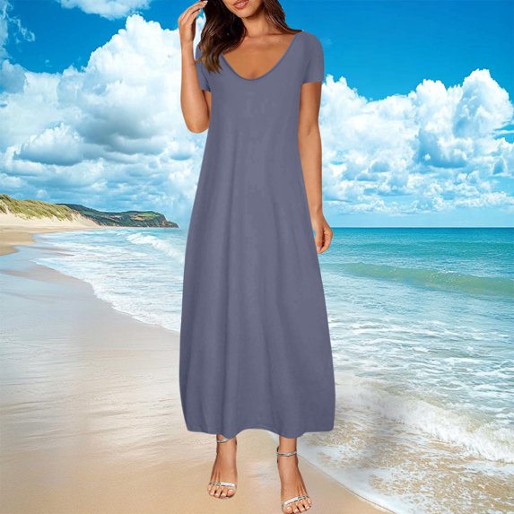 Karight Womens Plus Size Maxi Dresses Summer T Shirt Dress Casual V Neck Short Sleeve Long Dress