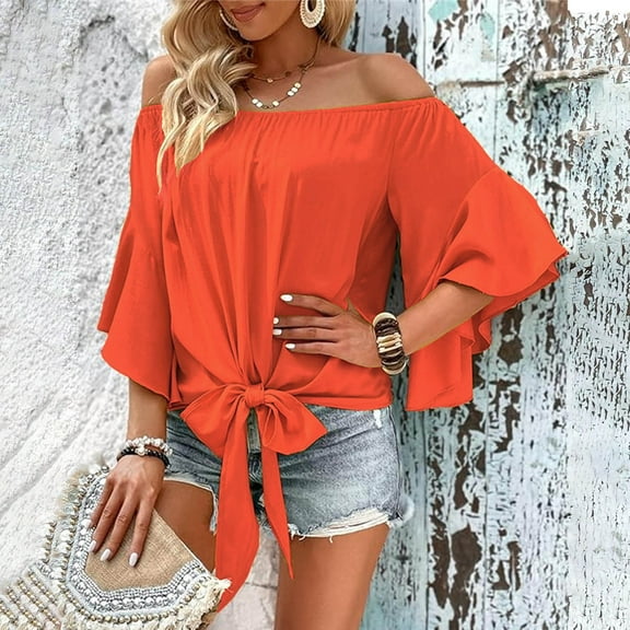 Karight Womens Plus Size Off The Shoulder Blouse Tops Half Sleeves Tie Front Sexy Flowy Top