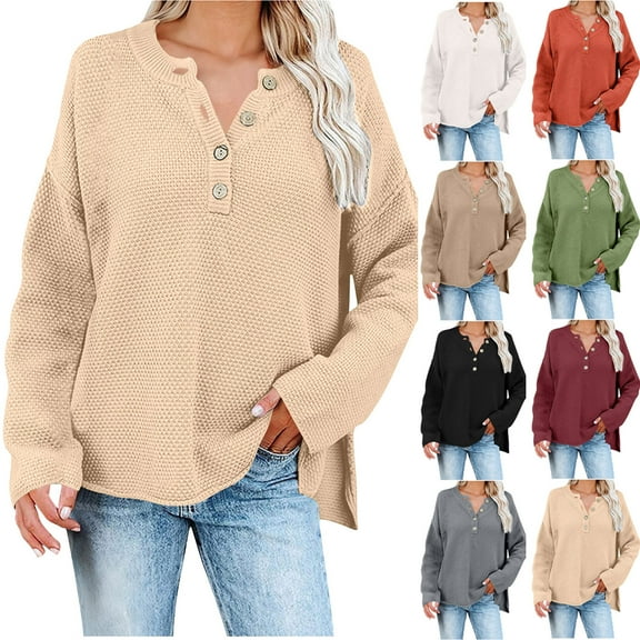 Karight Womens Plus Size Sweaters Casual Long Sleeve Loose V Neck Button Henley Tops Pullover Knit Jumpers