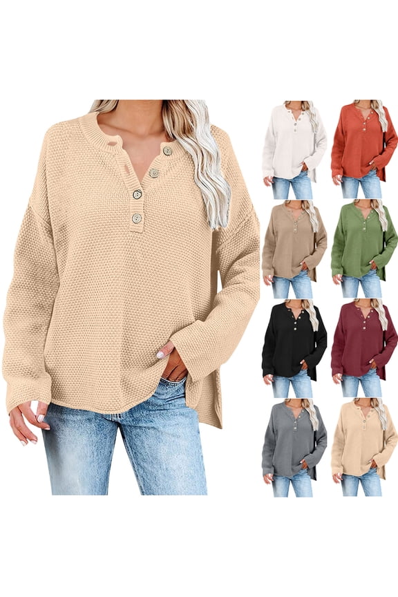 Womens Plus Size Sweaters Casual Long Sleeve Loose V Neck Button Henley Tops Pullover Knit Jumpers