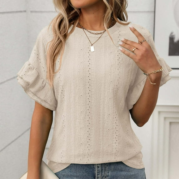 Karight Womens Plus Size Textured Tops Summer Ruffle Short Sleeve Casual T Shirts Crewneck Loose Fit Tee Blouse Shirts