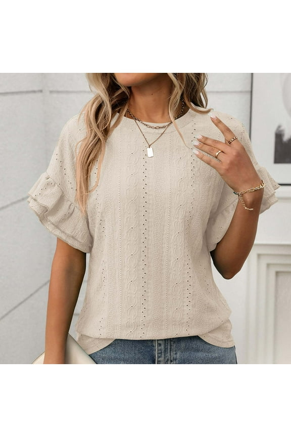 Womens Plus Size Textured Tops Summer Ruffle Short Sleeve Casual T Shirts Crewneck Loose Fit Tee Blouse Shirts