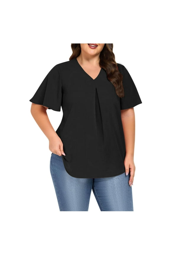 Womens Plus Size Tops Short Sleeve V Neck Tunic Casual Loose Fit Summer Shirt Pleated Curve Hem Side Split Blouses
