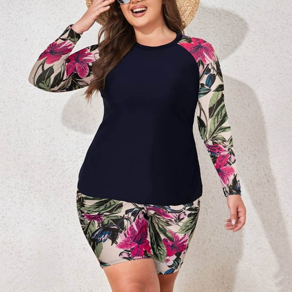 Karight Womens Plus Size Two Piece Rash Guard Swimsuit Set, Long Sleeve Tropical Floral Print Crew Neck Flowy Tummy Control Swimwear