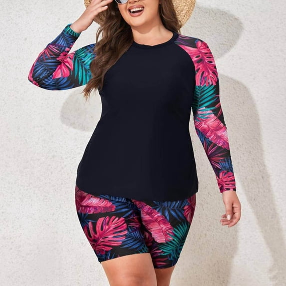 Karight Womens Plus Size Two Piece Rash Guard Swimsuit Set, Long Sleeve Tropical Floral Print Crew Neck Flowy Tummy Control Swimwear