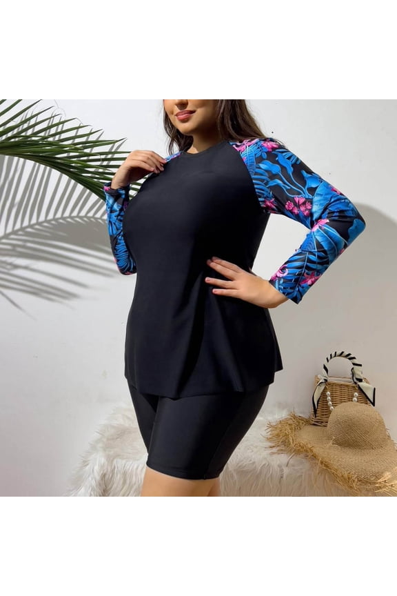 Womens Plus Size Two Piece Rash Guard Swimsuit Set, Long Sleeve Tropical Floral Print Crew Neck Flowy Tummy Control Swimwear